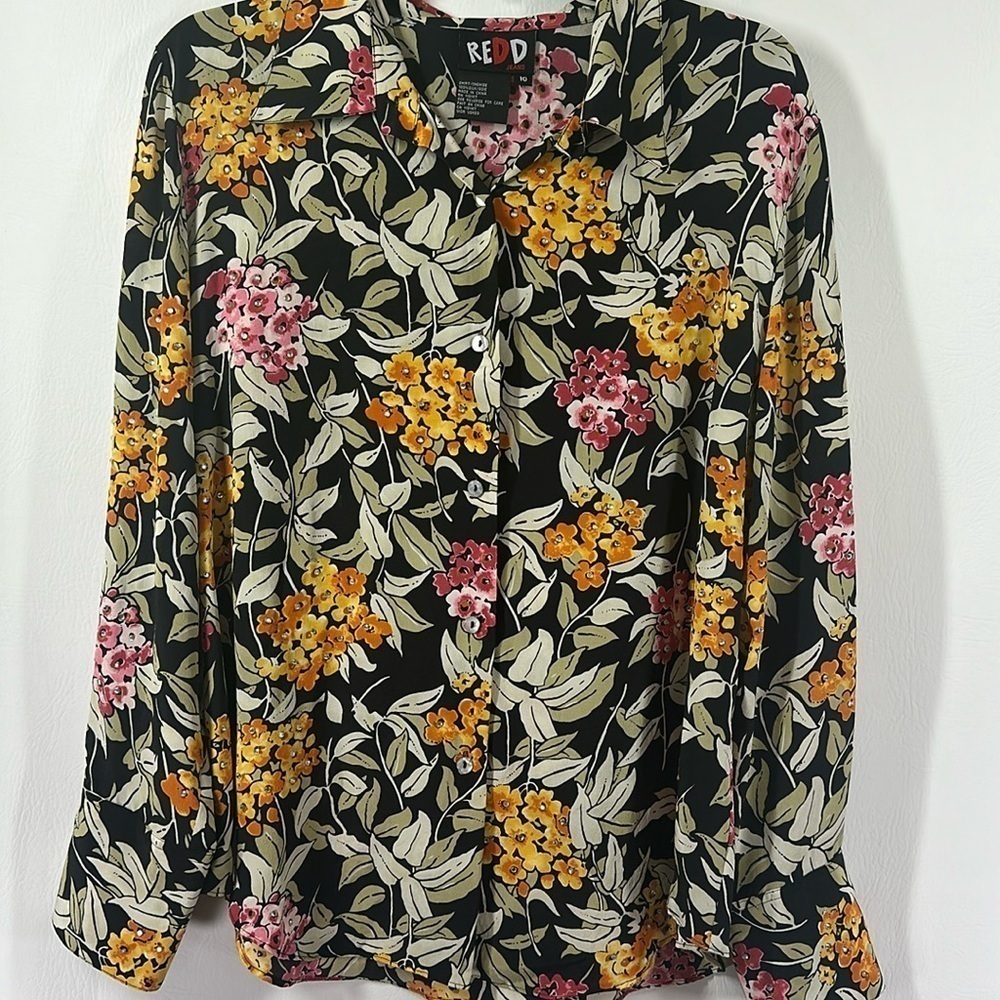 Vintage REDD Jeans 100% Silk Long Sleeve Button Down Floral Blouse, 10